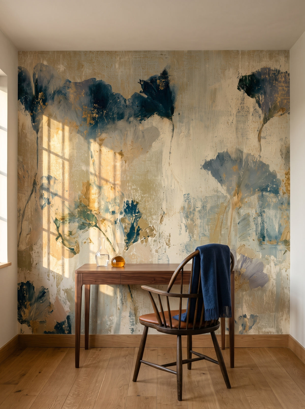 INDIGO FOLIO als Raumgestaltung eines Arbeitszimmers im Arts-and-Crafts-Haus in Pasadena, davor ein Nussholzschreibtisch und ein Stuhl mit dunkelblauem Plaid
