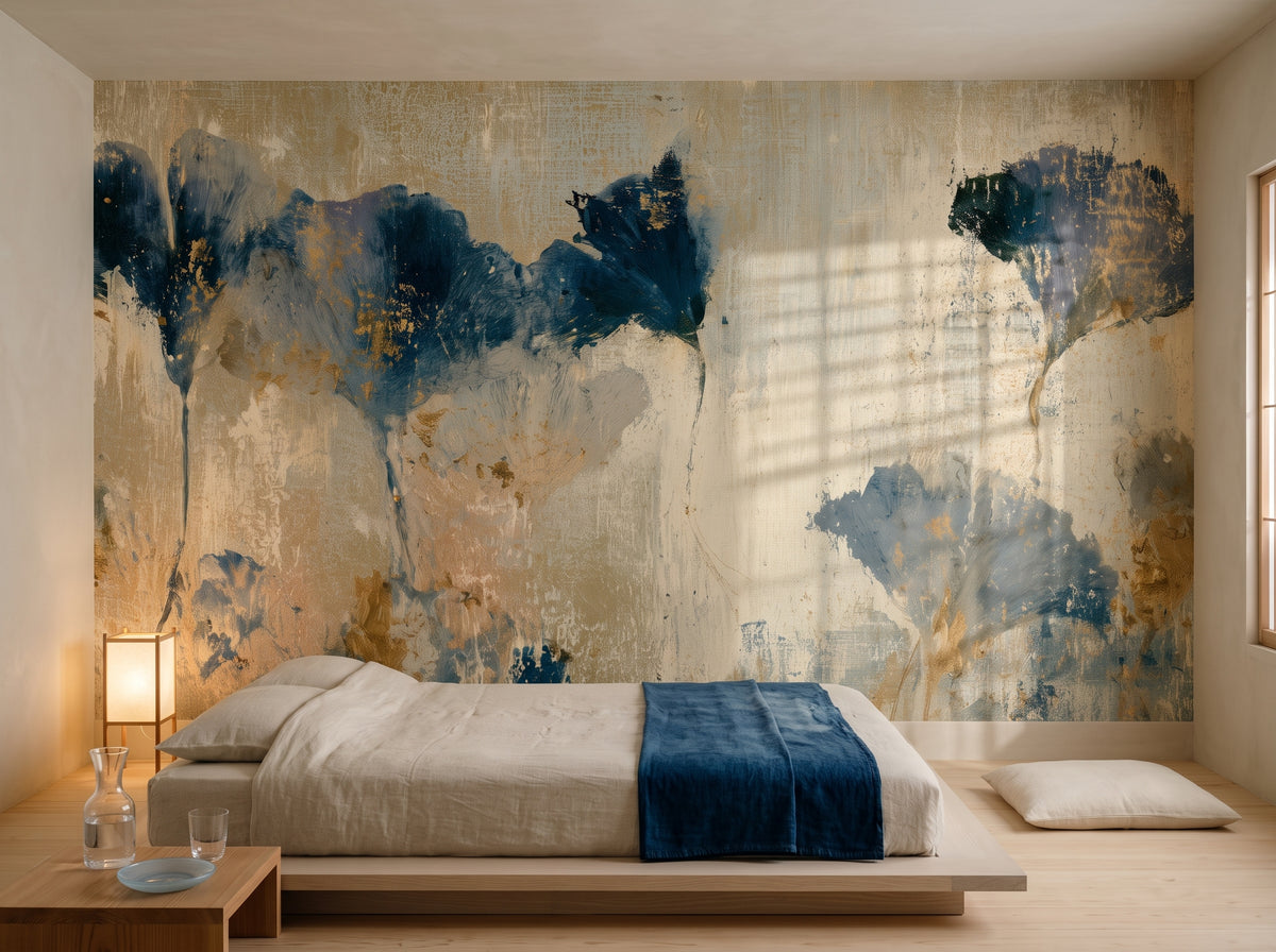 INDIGO FOLIO als Raumgestaltung eines Schlafzimmers in einem Machiya-Haus in Kyoto, davor ein sehr niedriges Bett mit dunkelblauem Plaid