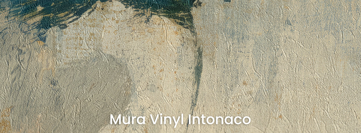 INDIGO FOLIO auf Mura Vinyl Intonaco – Reibeputz-Struktur unter dunkelblauen Blättern