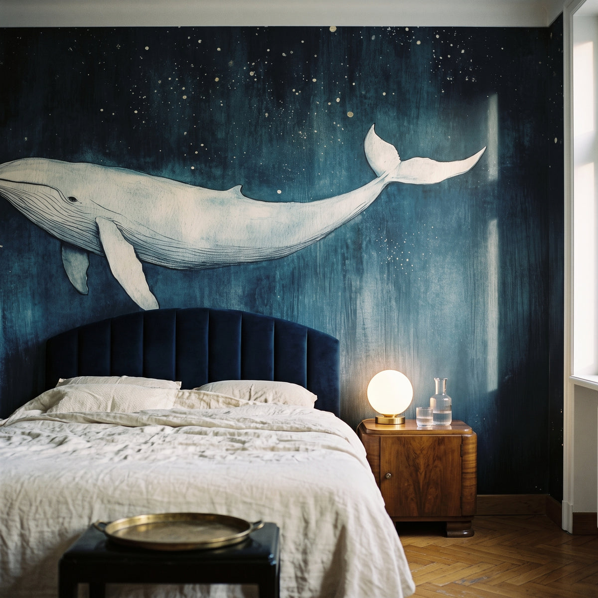INDIGO NOCTURNE in a bedroom setting: whale and stars above a bed with a velvet headboard, a bedside table with a round lamp beside it