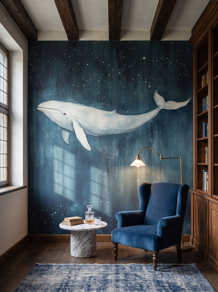 INDIGO NOCTURNE in der Raumgestaltung einer Hausbibliothek: weißer Wal auf dunkelblauem Grund über Sessel, daneben Tisch und Leselampe