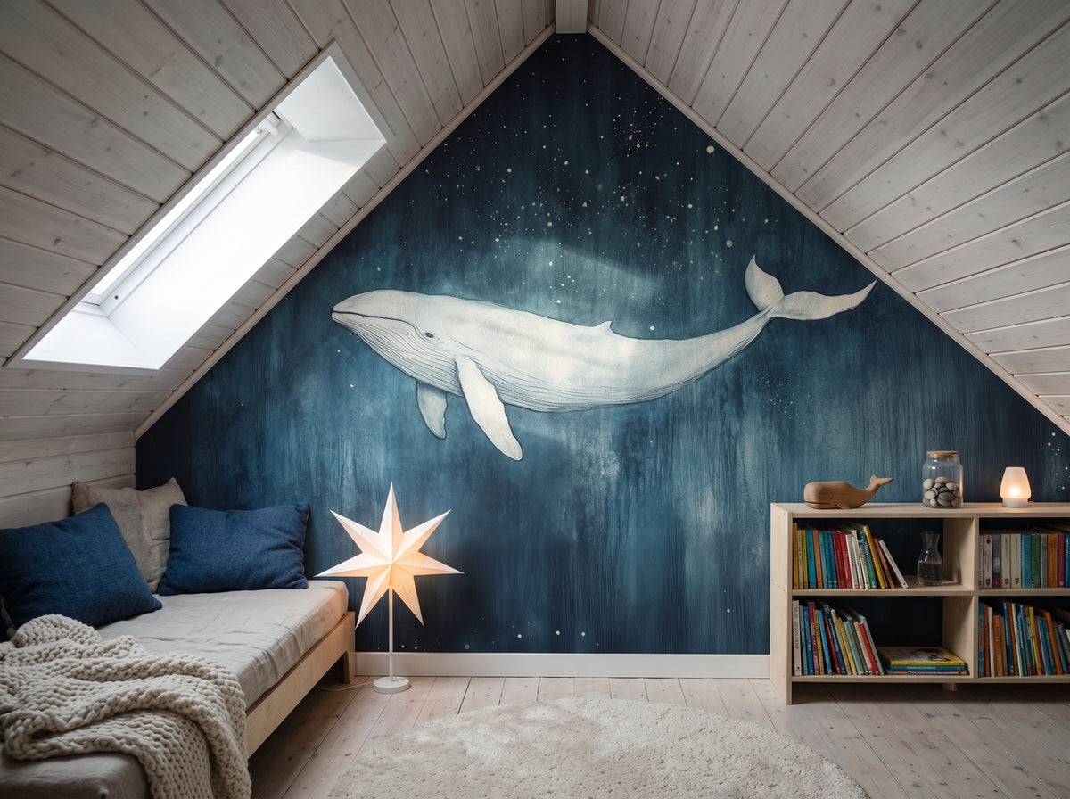 INDIGO NOCTURNE in an attic reading-nook setting: full wall with the whale above a low daybed and a bookshelf