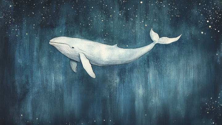INDIGO NOCTURNE – vollständiges Motiv: weißer Wal in feiner Linie auf dunkelblauem Grund aus senkrechten Streifen, oben kleine Sterne