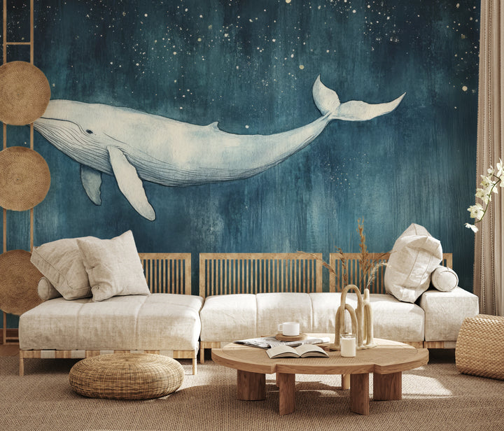 INDIGO NOCTURNE auf der ganzen Wand eines Wohnzimmers: Wal auf dunkelblauem Grund über einem langen hellen Sofa und rundem Holztisch
