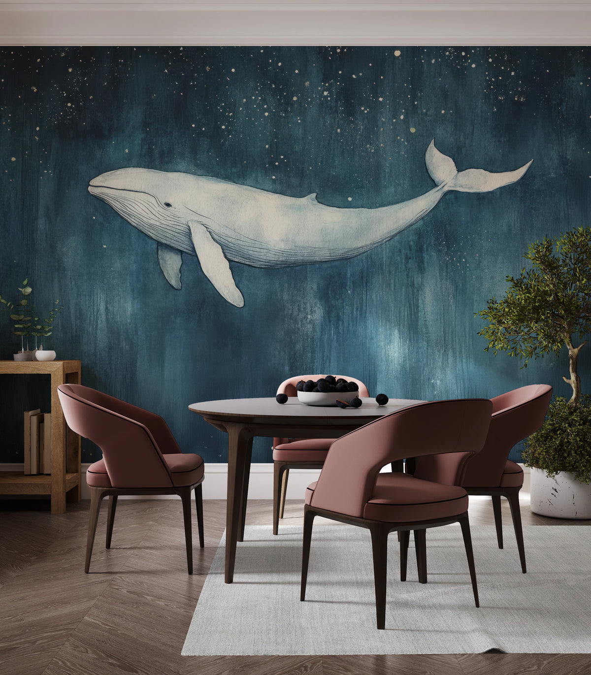INDIGO NOCTURNE auf der ganzen Wand eines Esszimmers: der ganze weiße Wal am dunkelblauen Himmel mit Sternen über rundem Tisch und Stühlen
