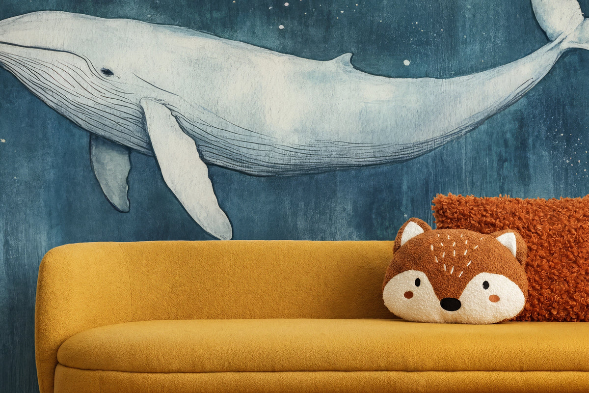 INDIGO NOCTURNE close-up: the fine line of the drawing, the fins and the whale’s back above a yellow sofa with a fox-shaped cushion