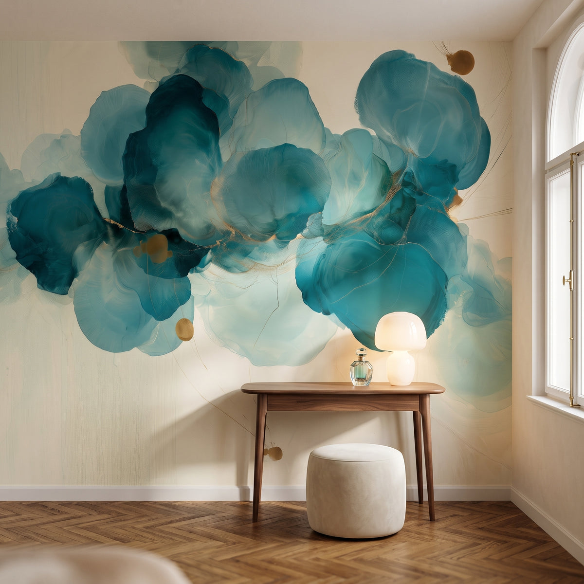 INK HYDRANGEA in a dressing room setting: turquoise petals across the whole wall above a slim dressing table and a cream pouffe