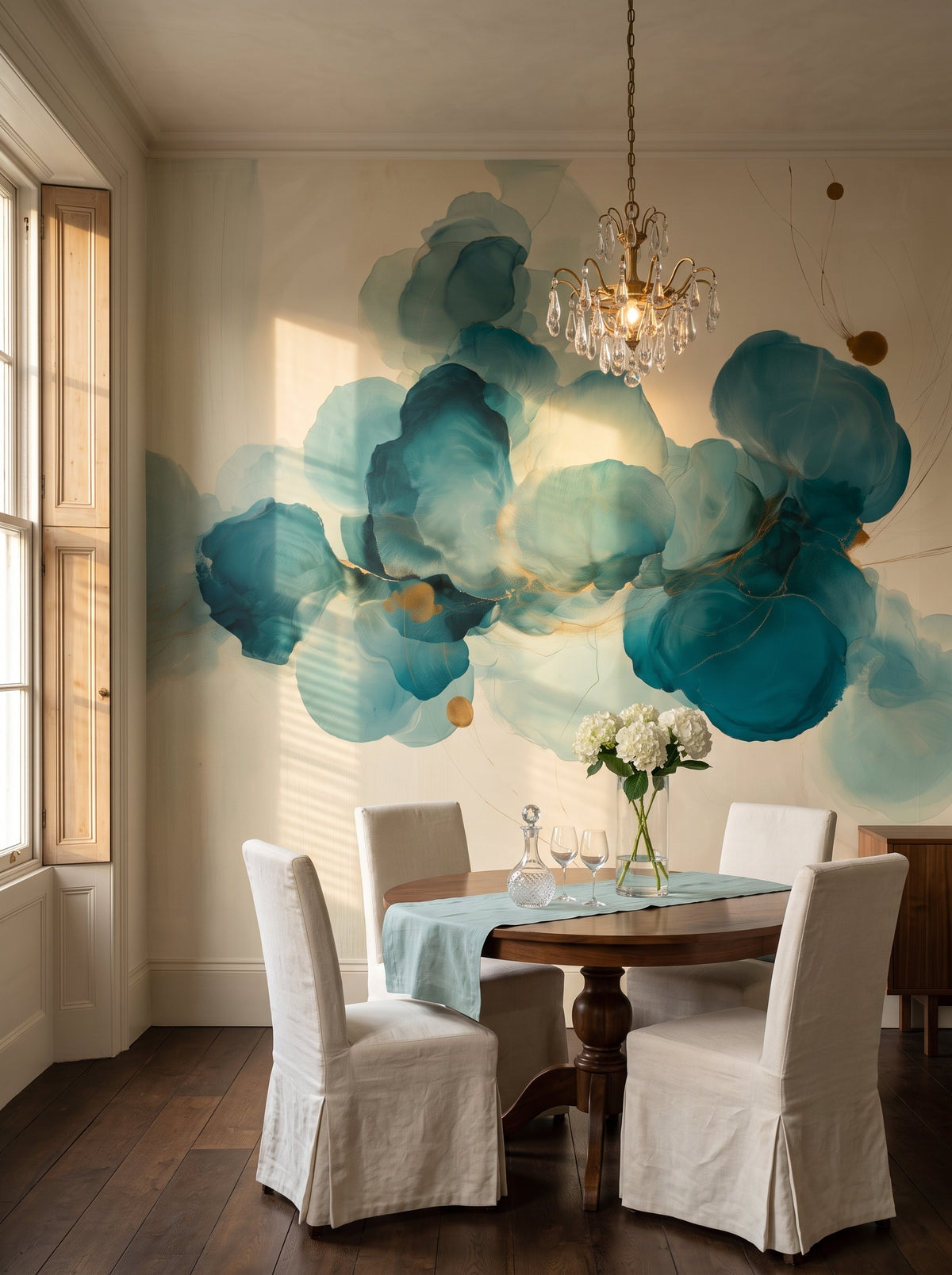 INK HYDRANGEA in a dining room setting: turquoise petals on a cream wall behind a round table and chairs in light covers