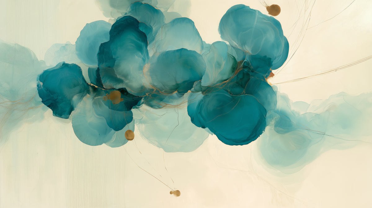 INK HYDRANGEA, full design: a cluster of translucent turquoise petals and gold-coloured drops on a cream background
