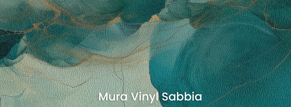INK HYDRANGEA on Mura Vinyl Sabbia: turquoise and gold threads on coarse sand grain texture
