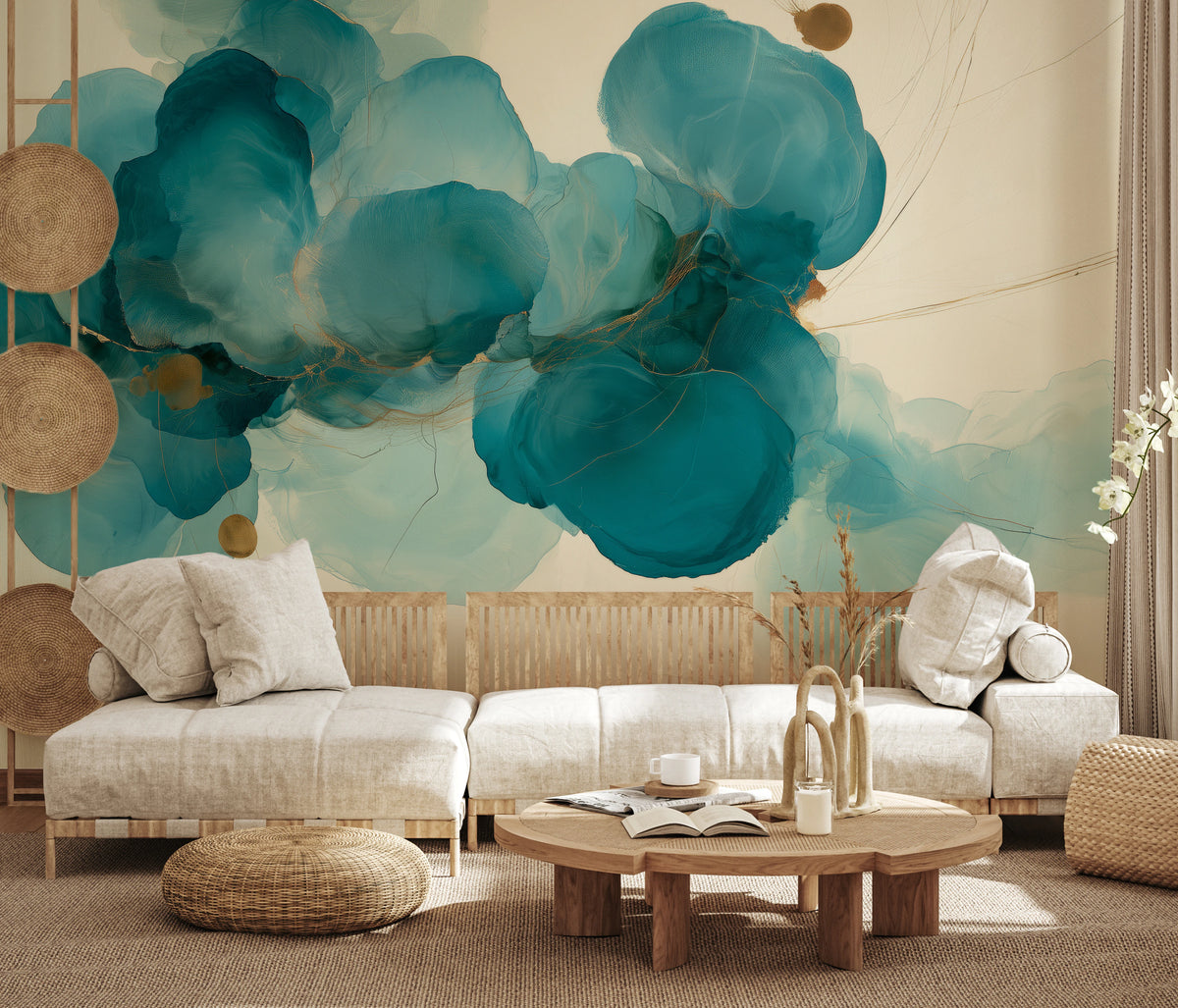 INK HYDRANGEA across the whole living room wall: a cluster of turquoise petals above a light sofa with a wooden backrest and a round table