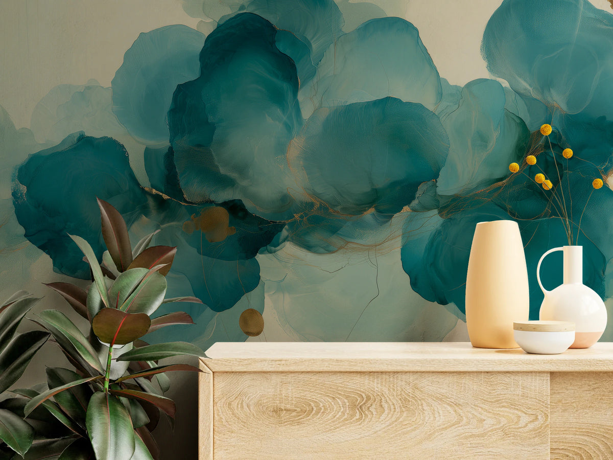 INK HYDRANGEA close-up: overlapping turquoise petals and gold threads above a light chest of drawers with vases