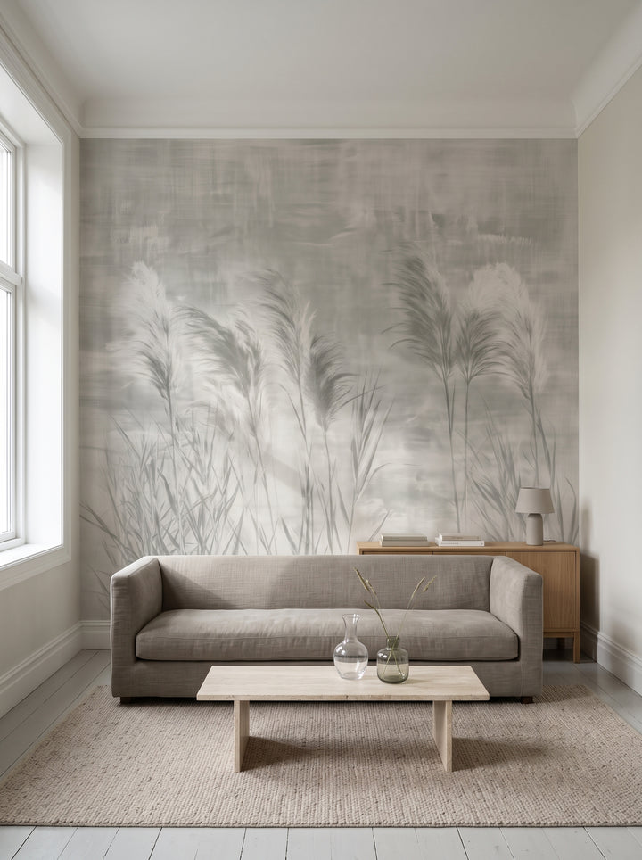 INTERVAL in a living room setting in a Bergen merchant's townhouse, a putty-coloured linen sofa and low oak chest of drawers against the wall