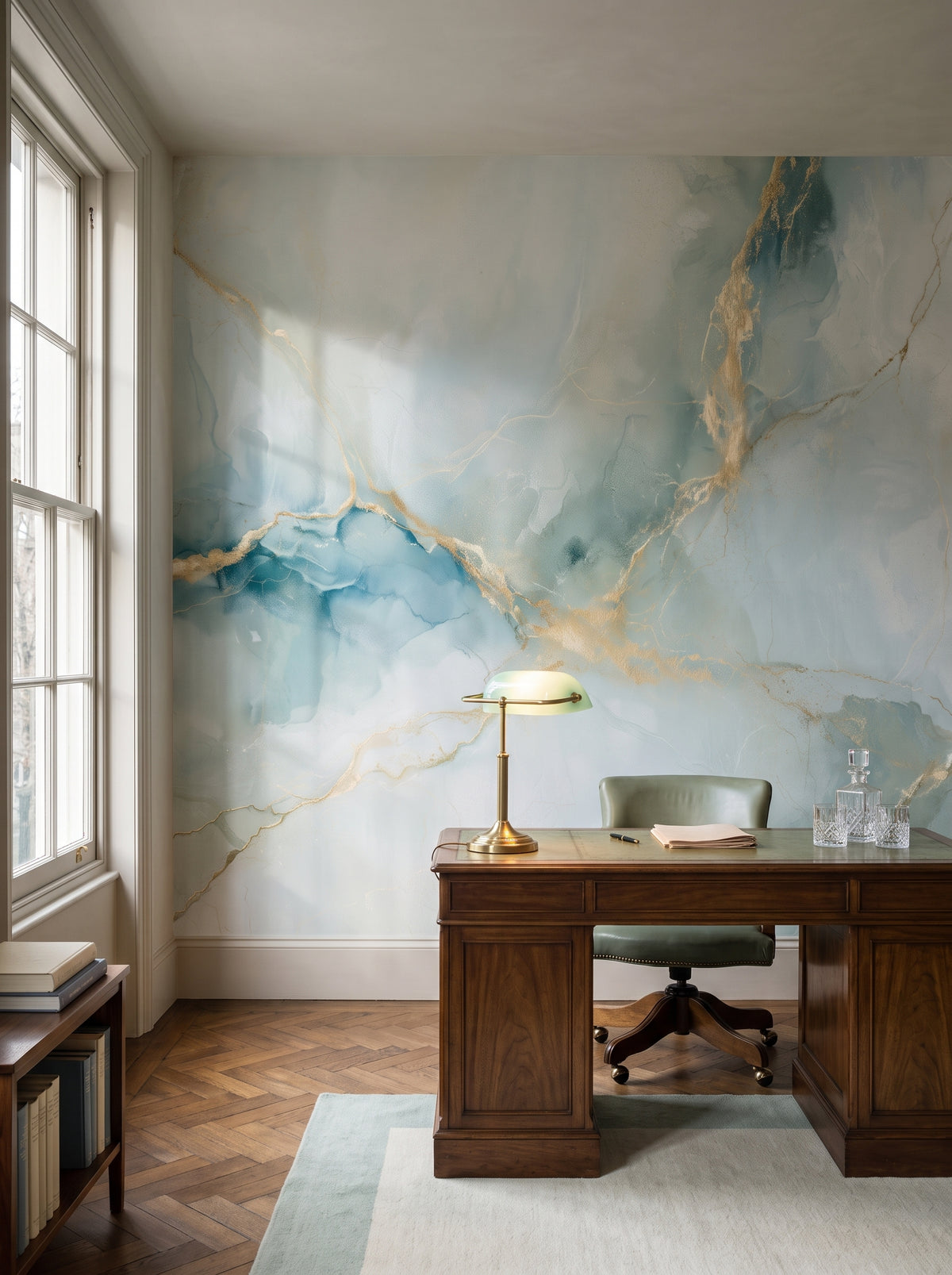 JADE CROSSING, mise en scène d’un bureau : papier peint effet marbre clair, veines dorées croisées, derrière un bureau en noyer et un fauteuil vert