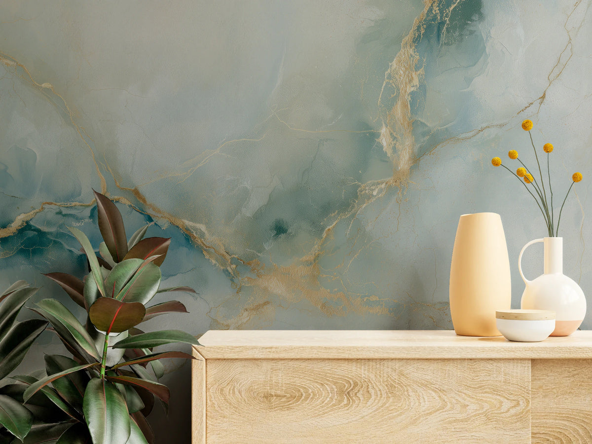 JADE CROSSING en gros plan au-dessus d’une commode en bois clair avec des vases : bande dorée verticale sur fond vert sauge