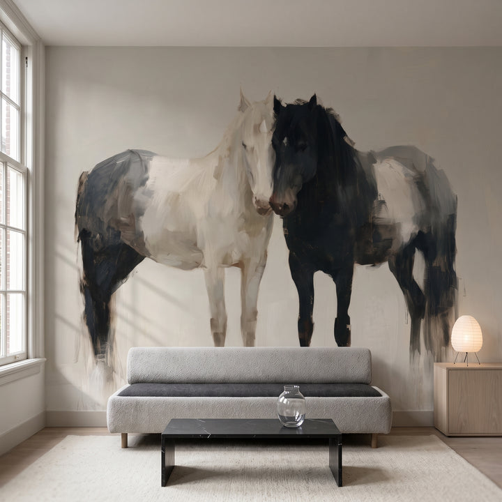 KINDRED PAIR en una ambientación de salón: cabezas de los caballos sobre un sofá bajo en bouclé gris claro y una mesa de mármol negro
