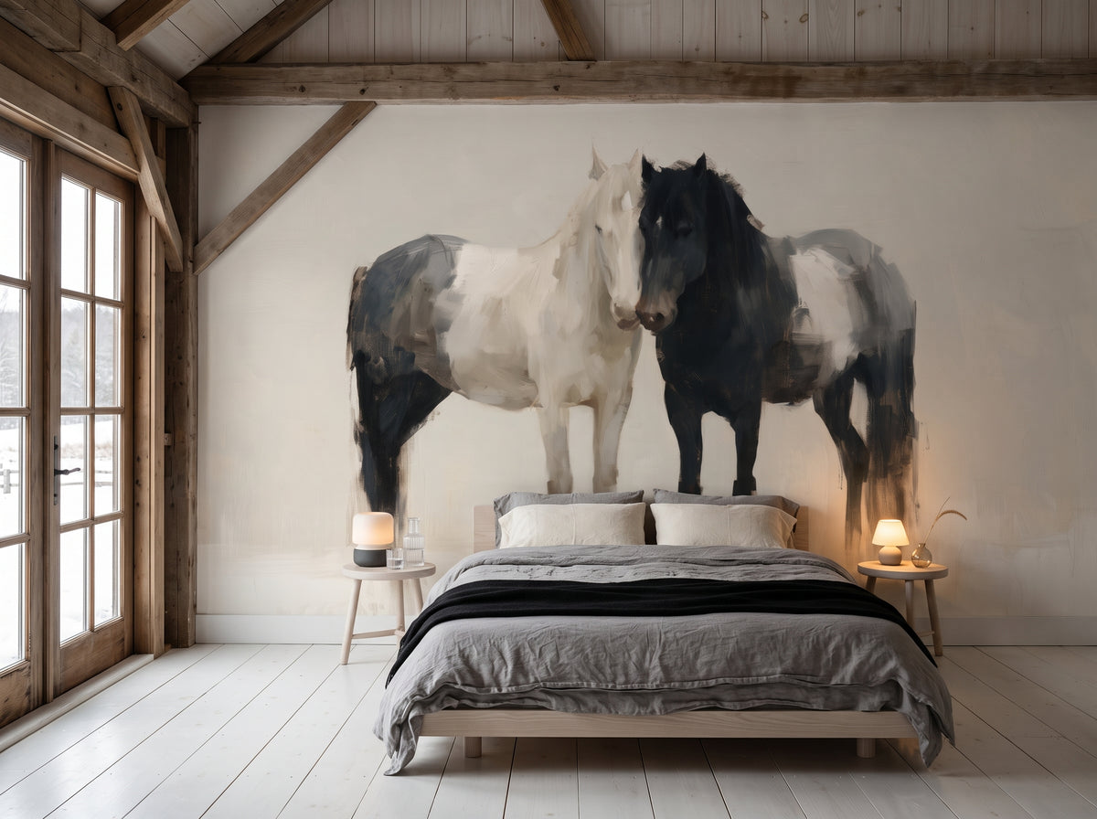 KINDRED PAIR en una ambientación de dormitorio: pareja de caballos en toda la pared tras una cama baja con ropa de cama gris y manta negra