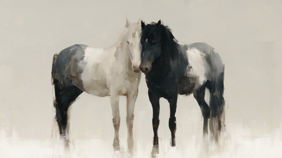 KINDRED PAIR – diseño completo: dos caballos pío con las cabezas unidas en el centro de un fondo gris claro