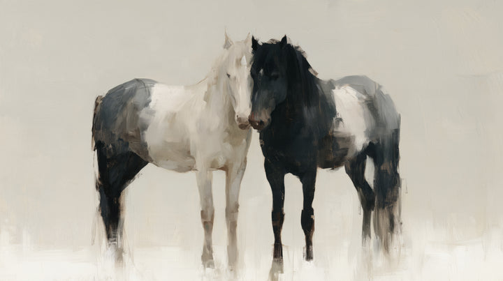 KINDRED PAIR – diseño completo: dos caballos pío con las cabezas unidas en el centro de un fondo gris claro