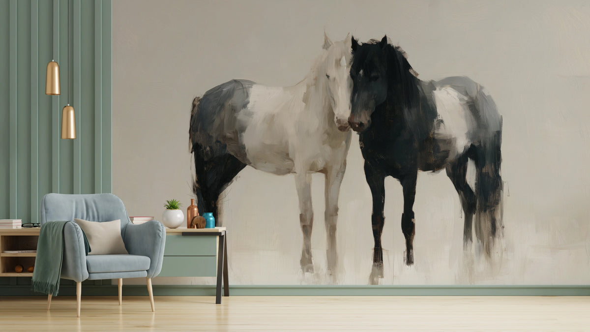 KINDRED PAIR, pared de salón: dos caballos pintos de pie, cabeza con cabeza, con las siluetas enteras; a la izquierda, panel verde y sillón