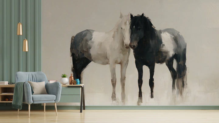 KINDRED PAIR, pared de salón: dos caballos pintos de pie, cabeza con cabeza, con las siluetas enteras; a la izquierda, panel verde y sillón