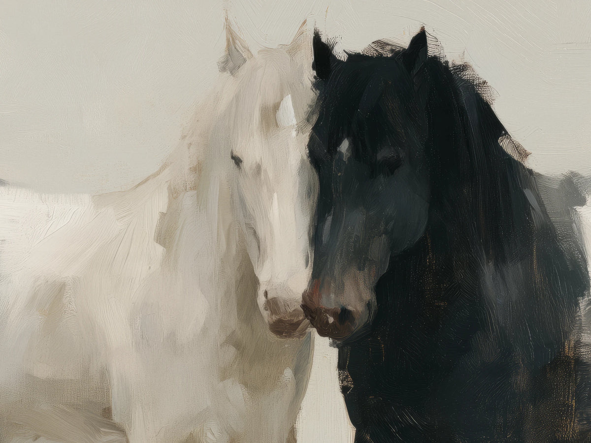 KINDRED PAIR de cerca: las cabezas de un caballo blanco y otro negro se tocan con el hocico, y la crin negra es de pinceladas ásperas