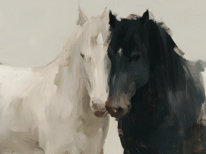 KINDRED PAIR de cerca: las cabezas de un caballo blanco y otro negro se tocan con el hocico, y la crin negra es de pinceladas ásperas