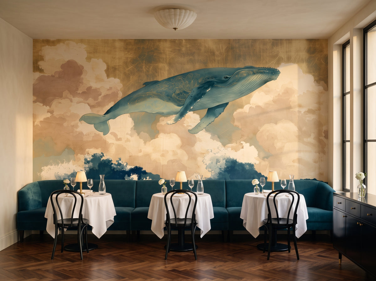 KUJIRA RISING nell'ambientazione di un ristorante: tutta la parete con balena, nuvole e onde dietro un divanetto e tavoli rotondi