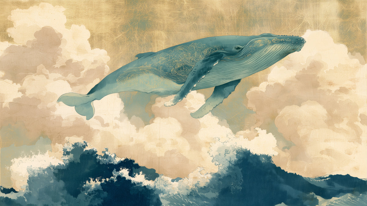 KUJIRA RISING – disegno completo: balena turchese che sale sopra onde scure, dietro nuvole crema e rosa e cielo dorato