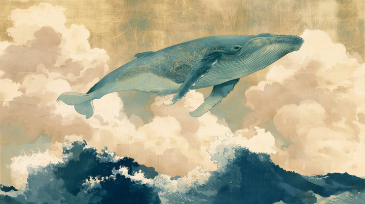 KUJIRA RISING – vollständiges Motiv: türkisfarbener Wal steigt über dunklen Wellen auf, dahinter cremefarbene und rosa Wolken, goldfarbener Himmel