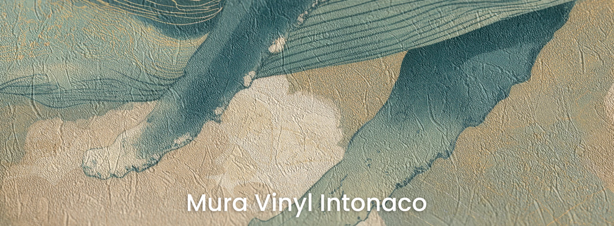 KUJIRA RISING sul supporto Mura Vinyl Intonaco: due pinne, una con la punta bianca, e strisce della gola sulla texture dell'intonaco frattazzato