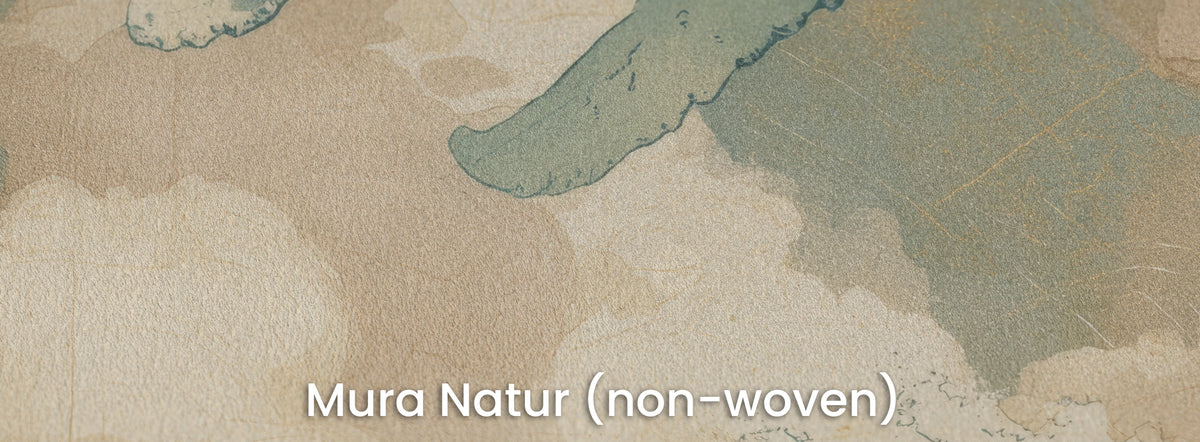 KUJIRA RISING sul supporto Mura Natur: punta della pinna turchese sopra nuvole color crema e rosa, tessuto non tessuto opaco
