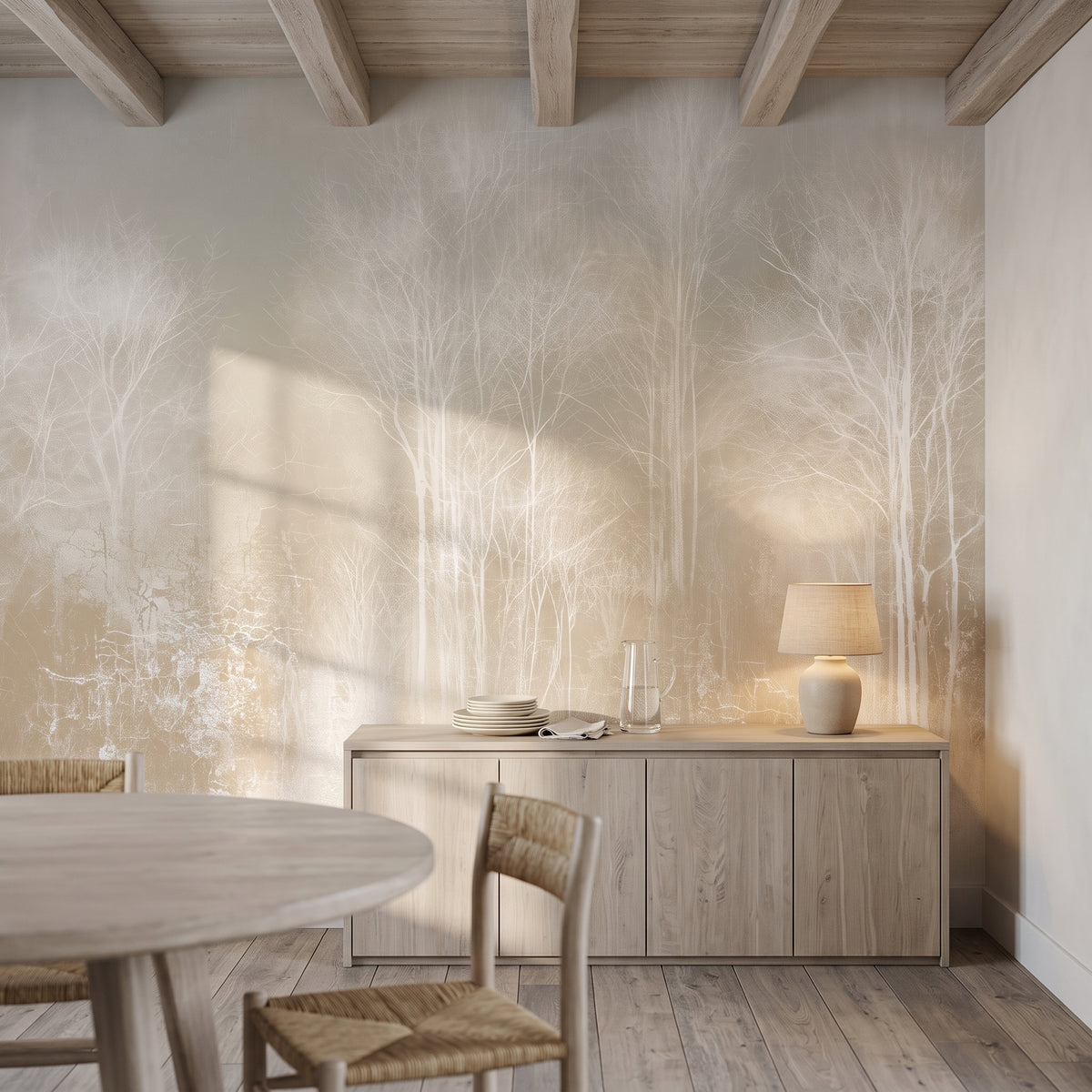 LACE THICKET, mise en scène d'une salle à manger dans une maison blanchie en Flandre, buffet bas avec lampe et cruche, table ronde au premier plan