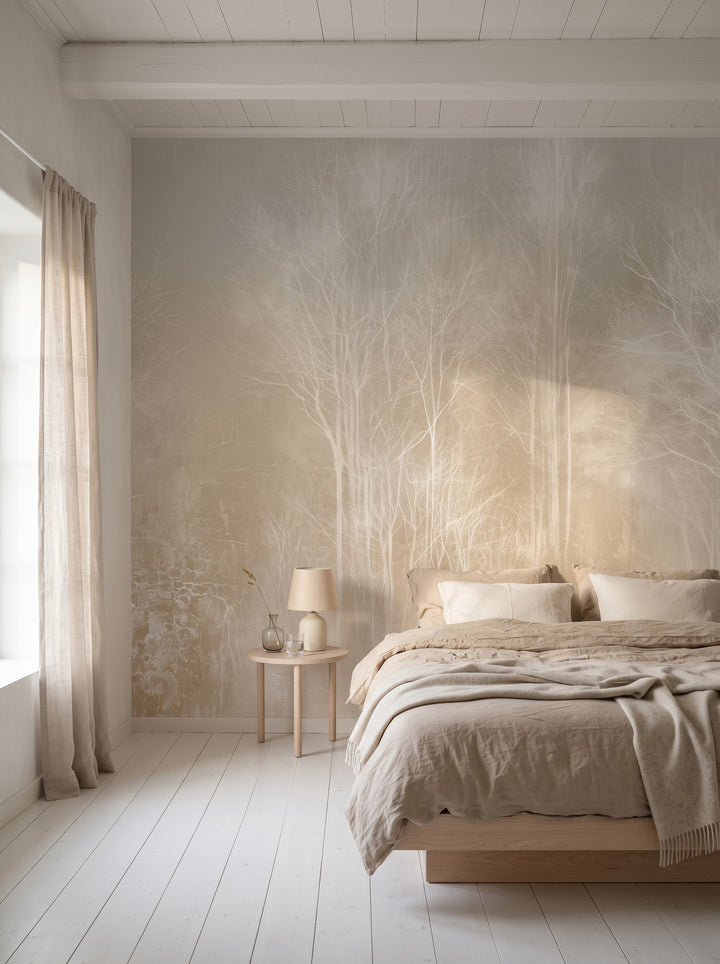 LACE THICKET, mise en scène d'une chambre dans une maison en bois au sol blanchi, lit bas et table d'appoint en bouleau devant le mur