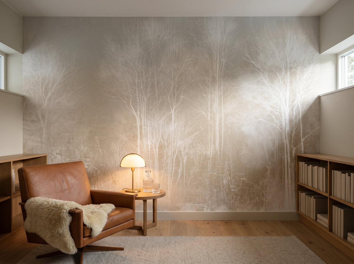 LACE THICKET, mise en scène d'une bibliothèque dans une villa des années 30 à Oslo, fauteuil en cuir et guéridon avec lampe en laiton devant le mur