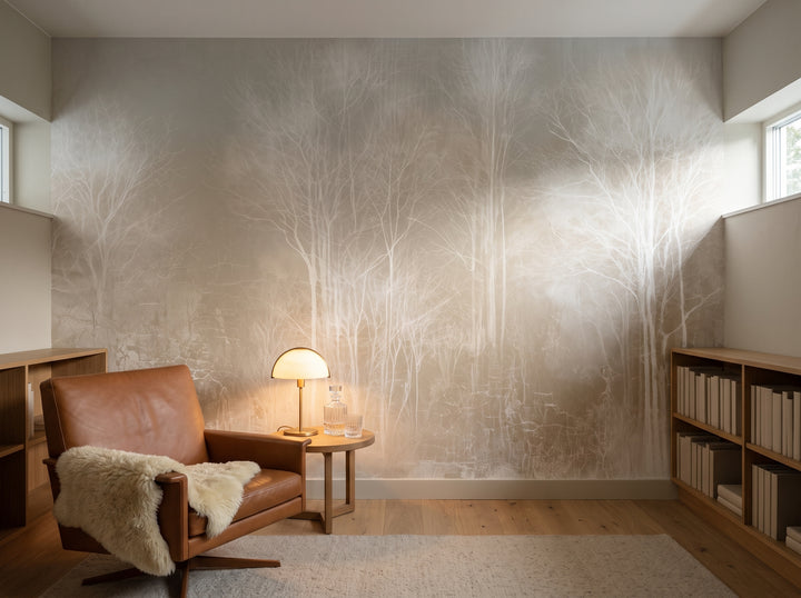 LACE THICKET, mise en scène d'une bibliothèque dans une villa des années 30 à Oslo, fauteuil en cuir et guéridon avec lampe en laiton devant le mur