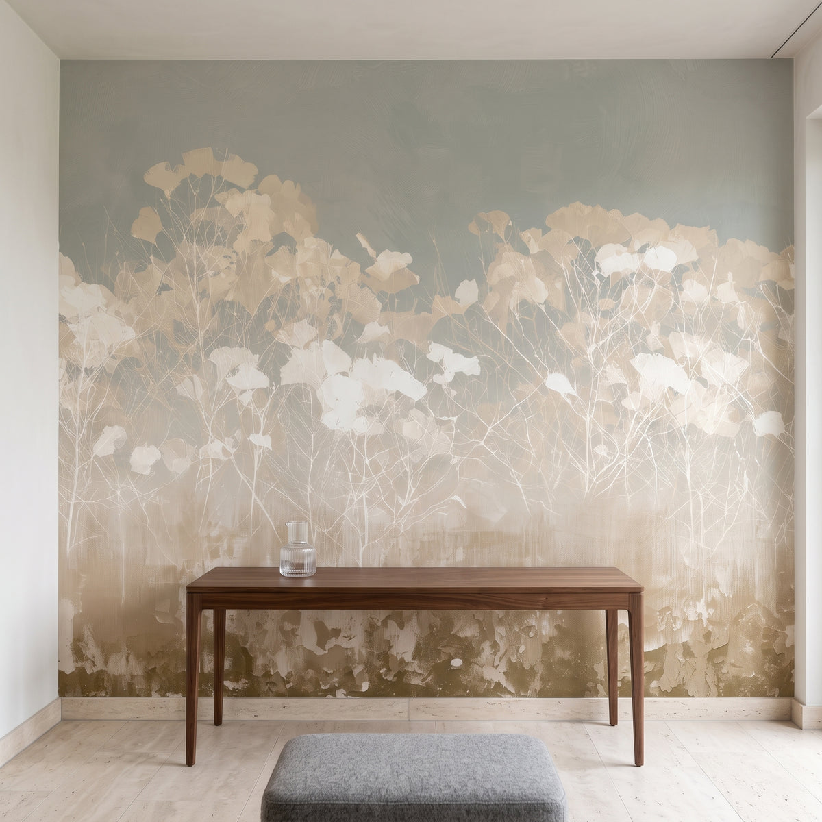LACEWORK in a study setting in a modernist villa in Zurich, with a walnut desk and a grey wool pouffe in front of the wall