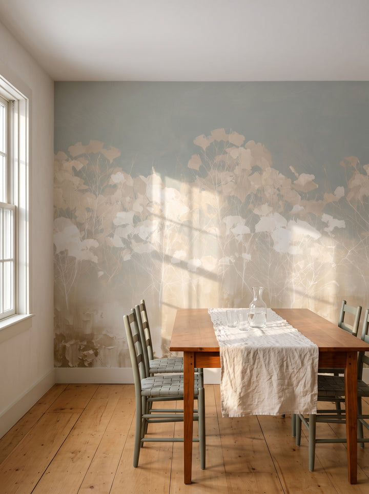 LACEWORK in a dining room setting in a Shaker house in Vermont, with a cherry-wood table and ladder-back chairs in front of the wall