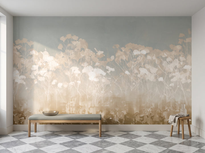 LACEWORK in a hall setting in a Stockholm flat, with a low elm bench with a glass bowl and a stool with a carafe in front of the wall