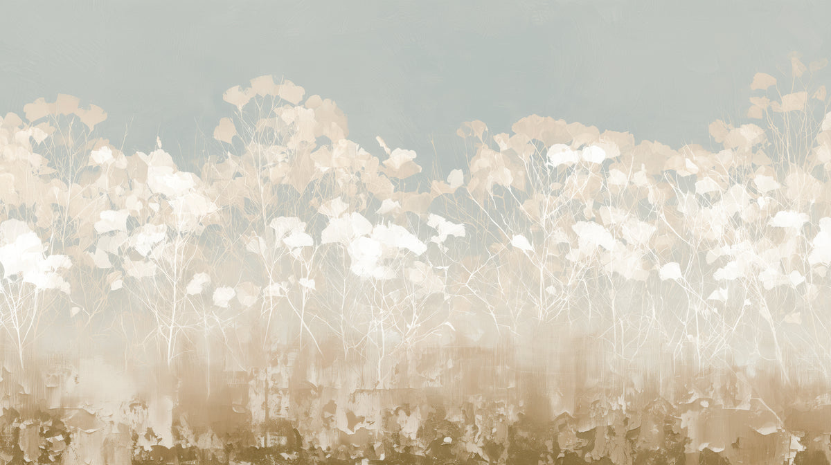 LACEWORK – the full design: cream ginkgo leaves on white twigs under a sage sky, with an ochre band at the bottom
