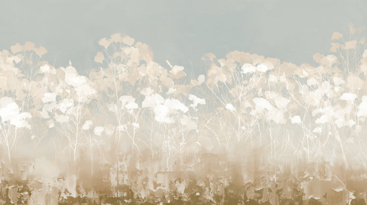 LACEWORK – the full design: cream ginkgo leaves on white twigs under a sage sky, with an ochre band at the bottom