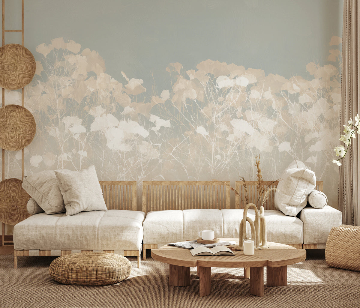 LACEWORK across the whole wall of a rustic living room – a network of twigs and leaves fills the wall above a wooden sofa