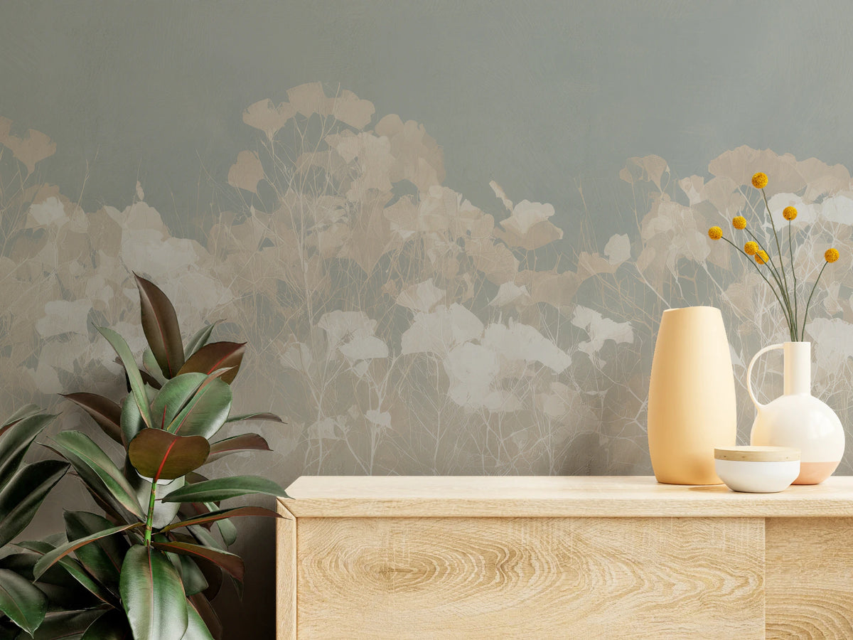 LACEWORK close up – white twigs and flat leaf silhouettes on a sage background behind a chest of drawers