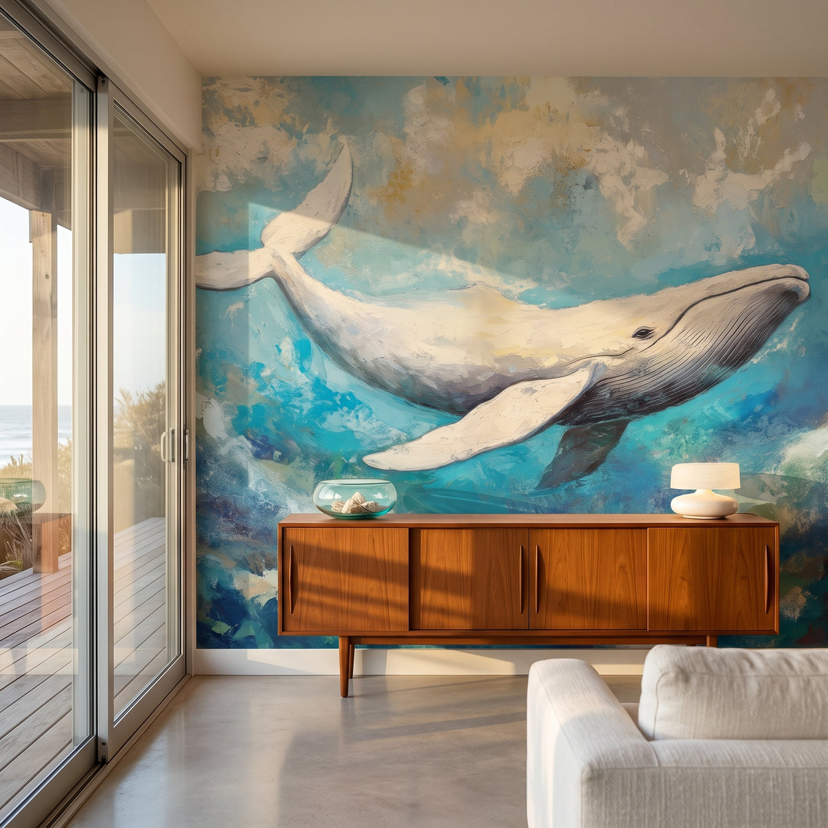 LAGOON LEAP en una ambientación de salón: ballena entera sobre un aparador bajo de teca con cuenco de cristal y lámpara, junto a puertas de cristal a la terraza