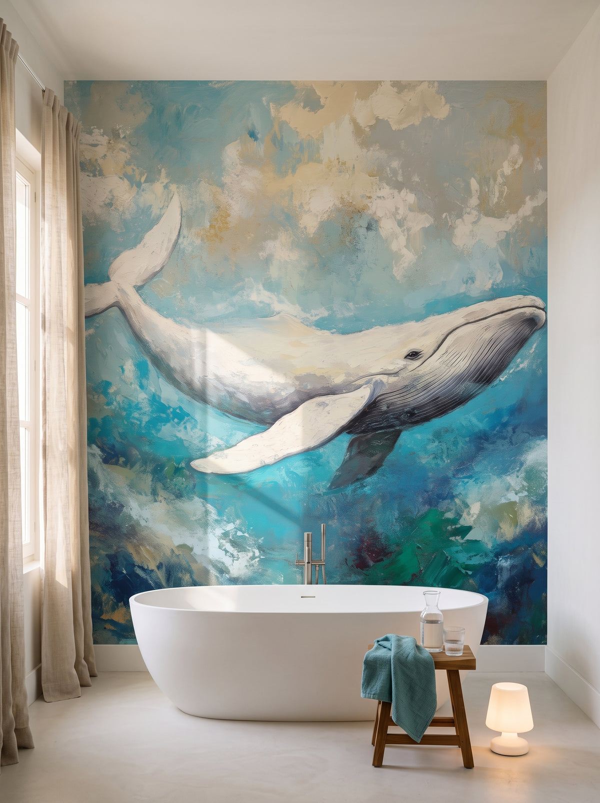 LAGOON LEAP en una ambientación de baño: la ballena blanca entera sobre fondo turquesa encima de una bañera exenta, con un taburete y una lámpara baja