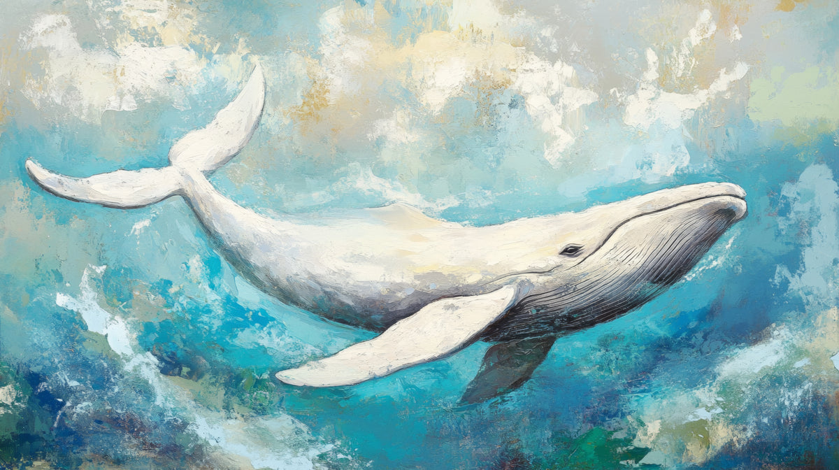 LAGOON LEAP – diseño completo: ballena blanca en diagonal, cola arriba a la izquierda, cabeza a la derecha, fondo turquesa con nubes cremosas