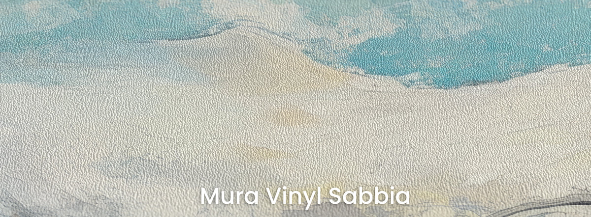 LAGOON LEAP en el soporte Mura Vinyl Sabbia: blanco del lomo y fondo turquesa sobre grano grueso de arena