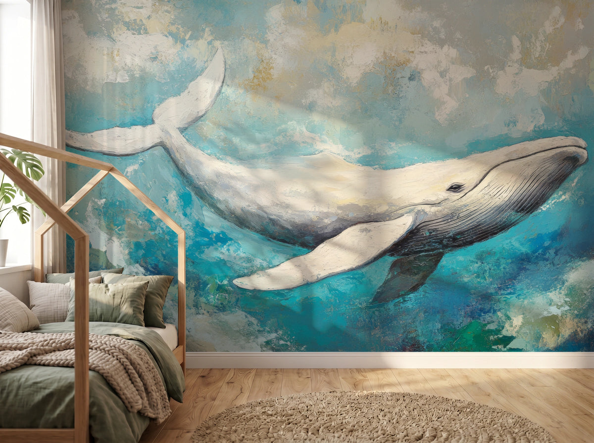 LAGOON LEAP en toda la pared de una habitación infantil: ballena de la cola a la cabeza junto a una cama casita, en el suelo una alfombra redonda