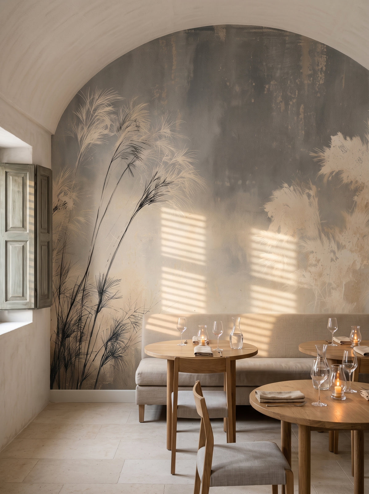 LEANING PLUMES w aranżacji restauracji w dawnej olejarni w Apulii z długą ławą w piaskowym lnie i okrągłymi dębowymi stolikami