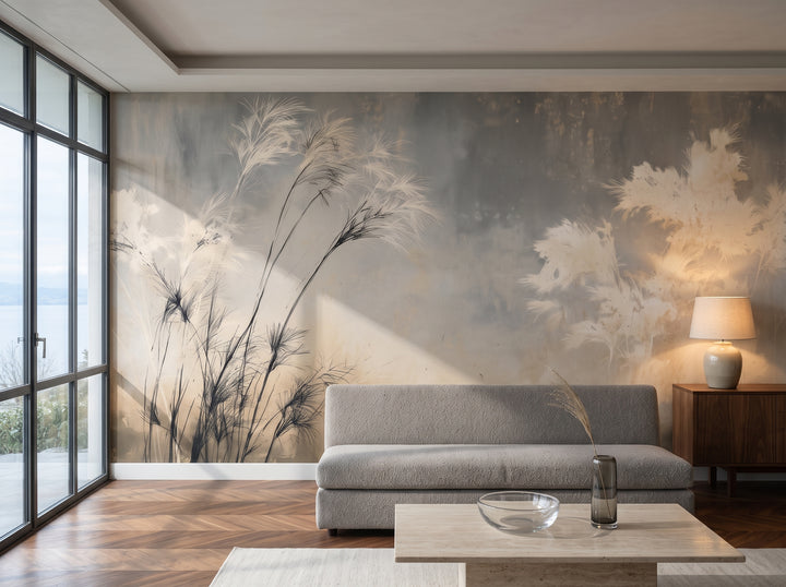 LEANING PLUMES in a living room setting in a house on Lake Geneva with a low sofa, a coffee table and a chest of drawers with a lamp